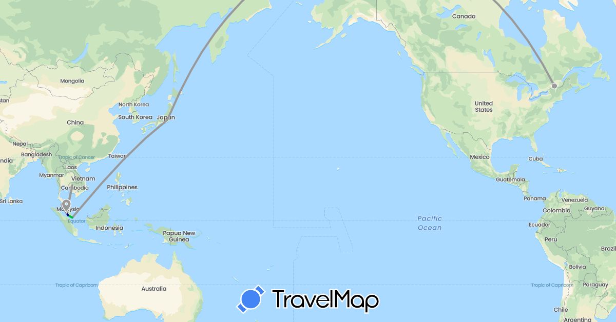 TravelMap itinerary: driving, bus, plane in Canada, Japan, Cambodia, Malaysia, Singapore (Asia, North America)